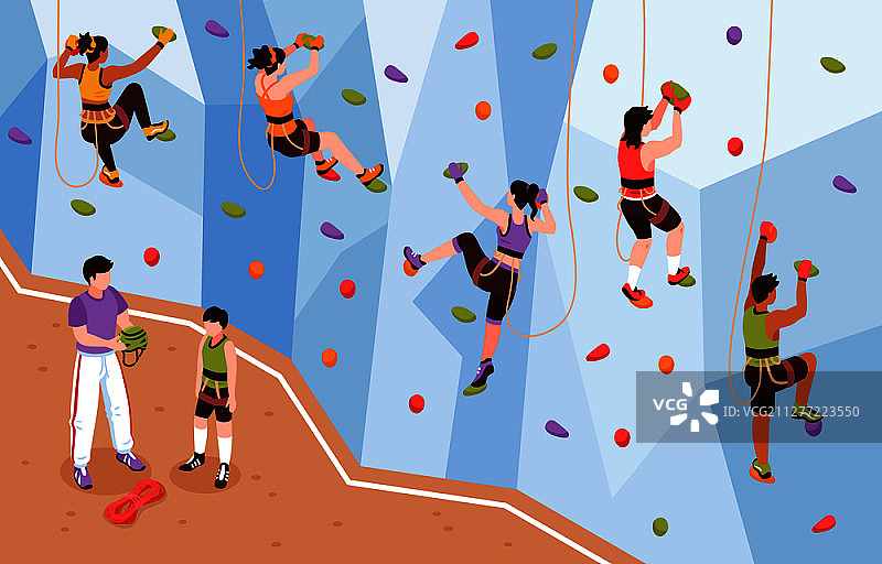 等角攀岩墙组成与教练和登山者攀登人工岩壁矢量插图的观点。等距岩壁组成图片素材