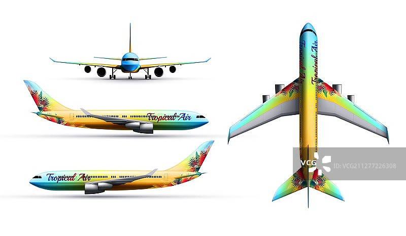 彩色飞机现实身份集客机在剖面顶部和从前面孤立的矢量插图图片素材