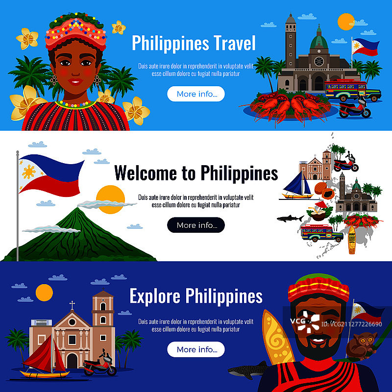 菲律宾一套水平横幅与旅行对象和地标在蓝色白色背景孤立矢量插图图片素材