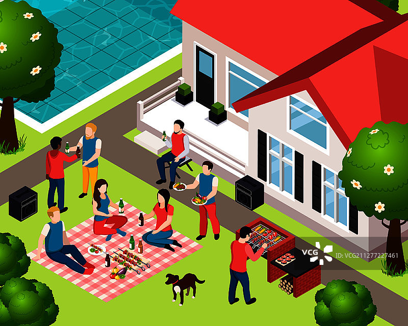 烧烤烧烤野餐的等距构图与朋友的聚会在后院矢量插图图片素材