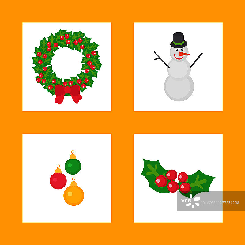 圣诞花环和雪人人物图标集向量。槲寄生枝叶和红浆果，装饰球玩具。挂在别针树上的小玩意儿。圣诞花环和雪人人物图标集图片素材