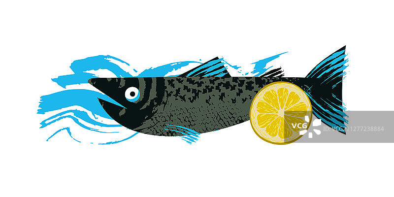 鱼。海鲜。柠檬片鲑鱼。矢量插图与独特的手绘纹理。鱼。海鲜。柠檬片鲑鱼。矢量插图在白色背景与蓝色纹理波。图片素材