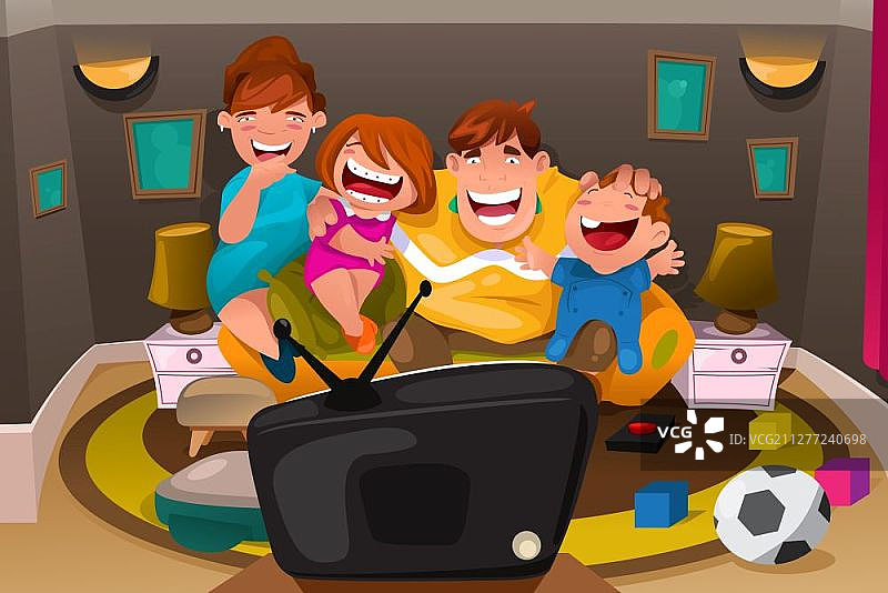 一个幸福的全家一起看电视的矢量插图图片素材