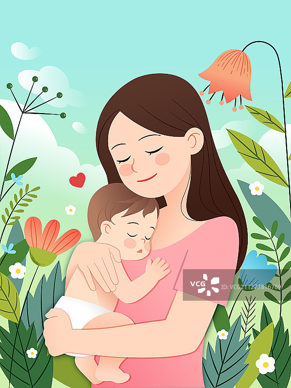 花丛中一个母亲抱着孩子图片素材