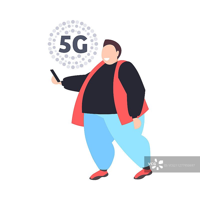 胖男人用智能手机5g在线交流图片素材