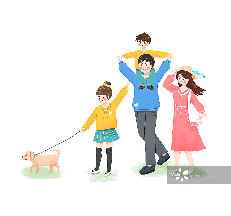 一家四口带着宠物单独人物元素 手绘插画图片素材
