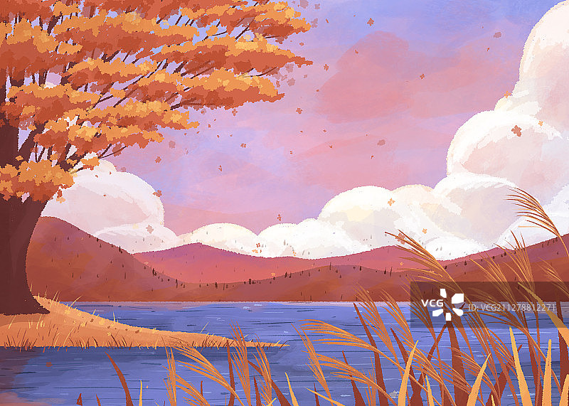 秋天湖泊景观背景插画横版图片素材