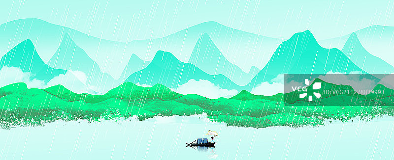 手绘中国风节气意境山水画图片素材