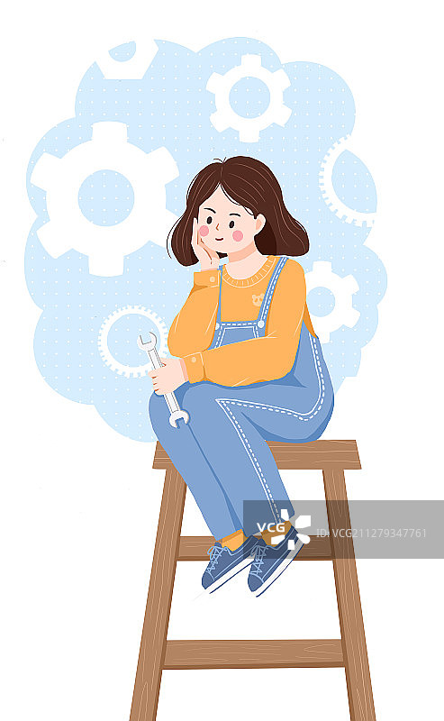 一个穿背带裤的短发少女坐在梯子上思考 手绘插画图片素材