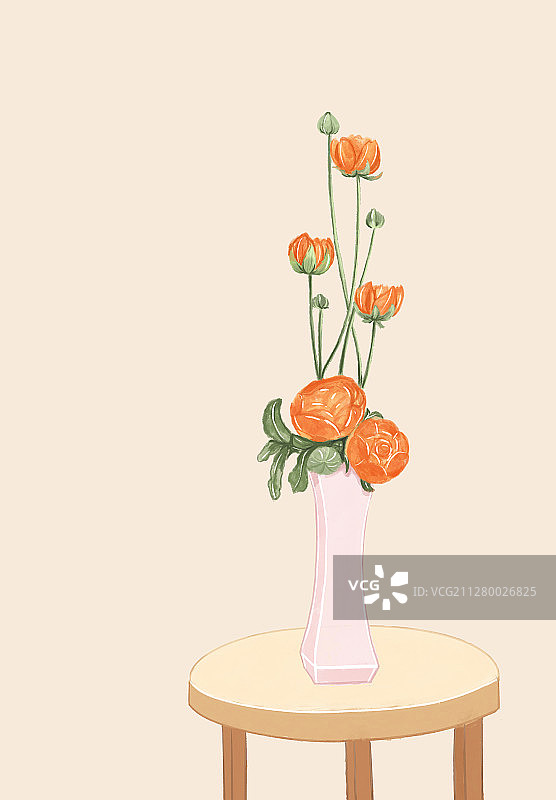 木质桌上摆着一个放了一束花的粉色花瓶 手绘插画图片素材