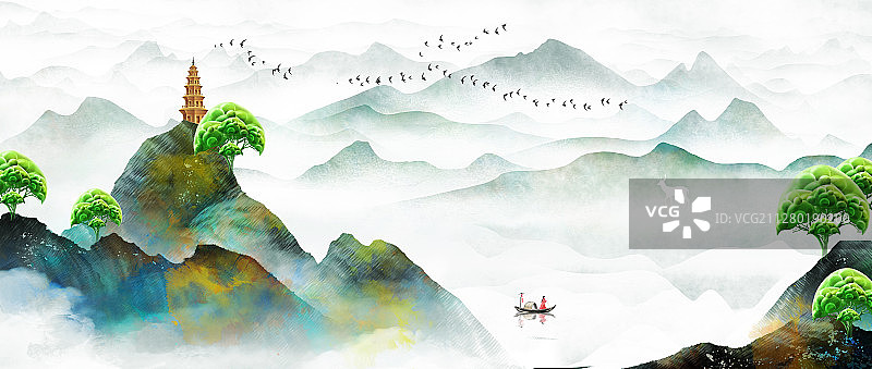 手绘中国风意境水墨山水画图片素材