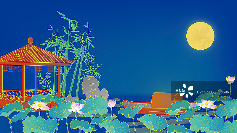 荷塘月色的中国风插画背景图片素材
