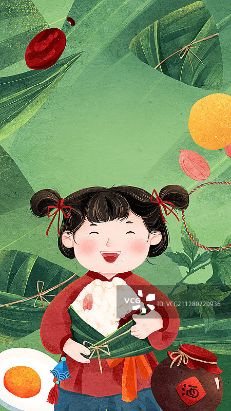 端午节抱着粽子吃的小女孩与粽子背景插画图片素材
