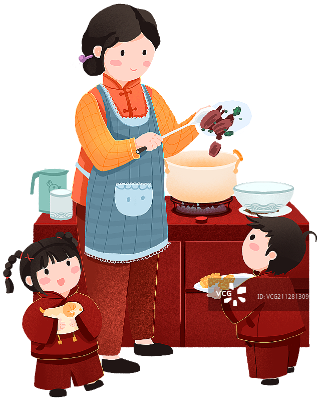 年俗大年初四妈妈和孩子在厨房将剩饭菜做成折罗杂烩炖锅手绘插画图片素材