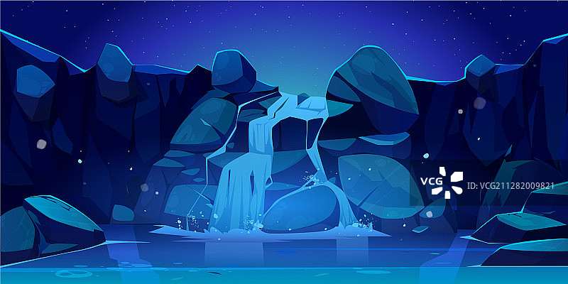 卡通瀑布和岩石在晚上图片素材