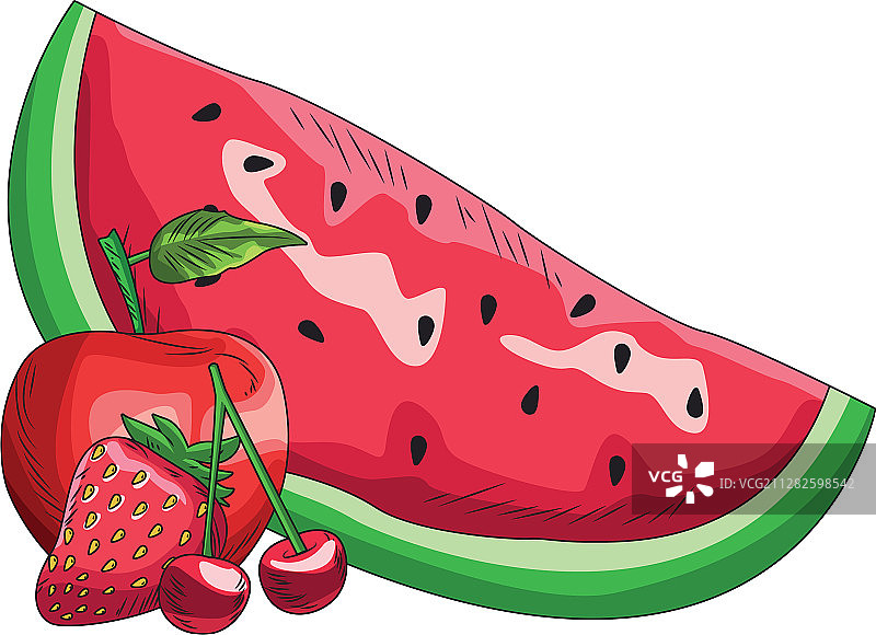 西瓜配红苹果、樱桃和草莓图片素材