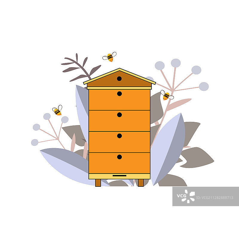 蜂箱图标与蜜蜂和植物剪影图片素材