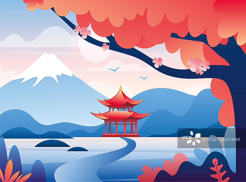 日本的红城堡和白雪富士山的山峰图片素材