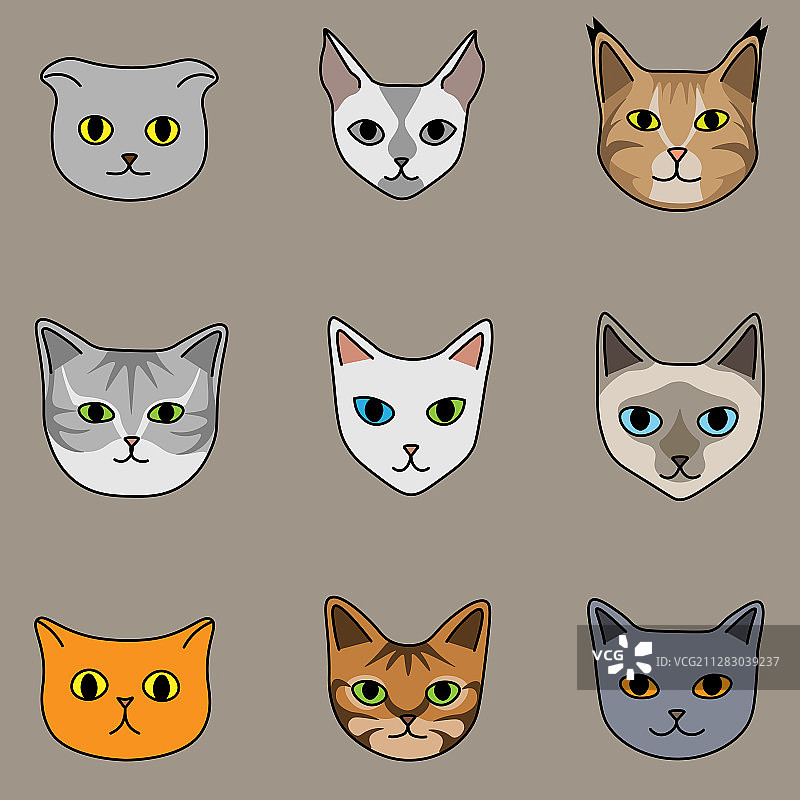 九种猫在可爱的卡通风格米色图片素材