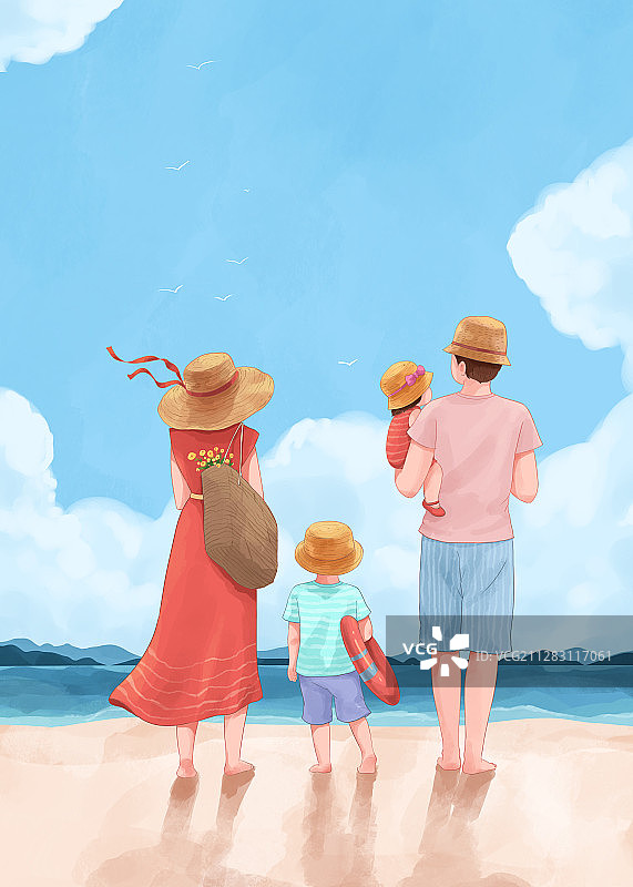 家庭海边度假清新插画竖版2图片素材