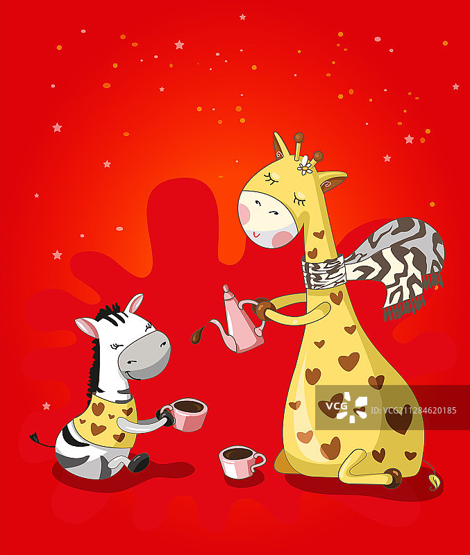 长颈鹿和斑马喝咖啡图片素材