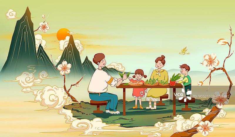 一家人正在包粽子中国风国潮风端午节插画图片素材