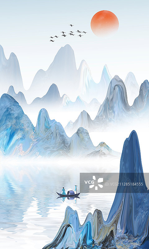 中国风蓝色意境山水图片素材
