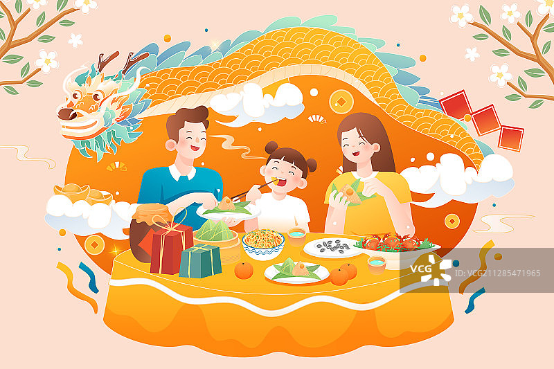 端午节家人吃饭传统节日习俗聚餐送礼电商中国风国潮背景矢量插画图片素材