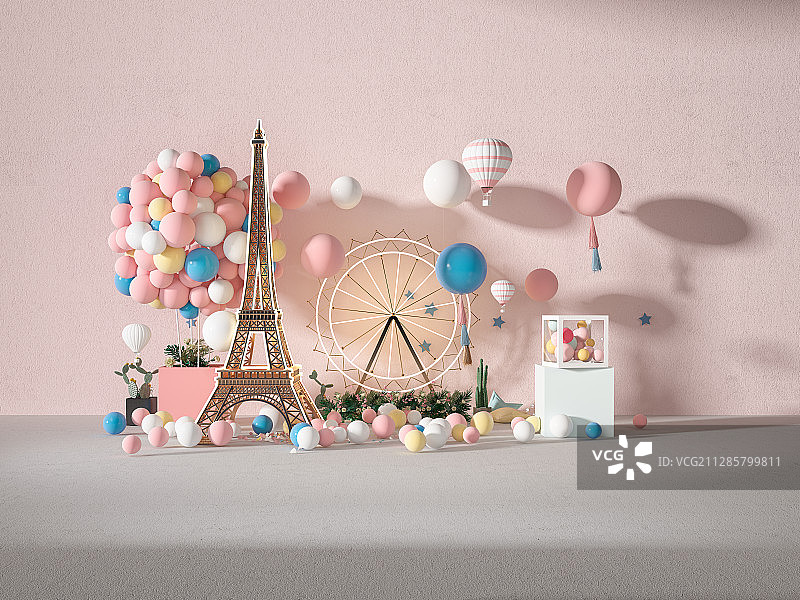 网红粉红色埃菲尔铁塔摩天轮气球礼品盒渲染效果图图片素材