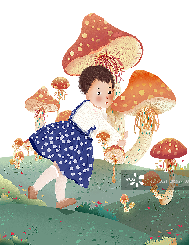 站在蘑菇丛林里的小女孩图片素材
