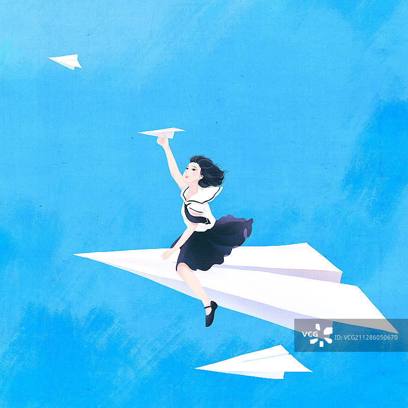 骑在白色纸飞机上的校服少女插画图片素材