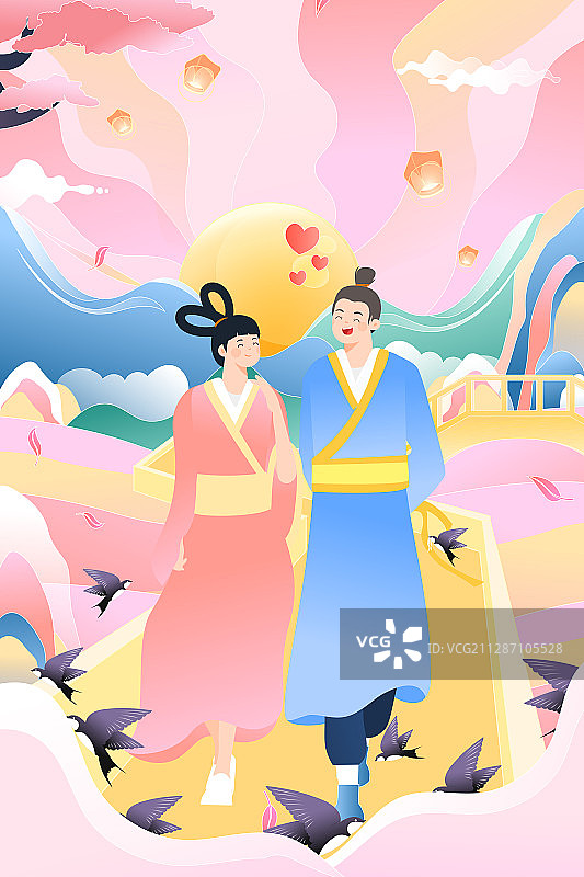 卡通七夕情人节牛郎织女古人相会浪漫爱情中国风矢量插画图片素材