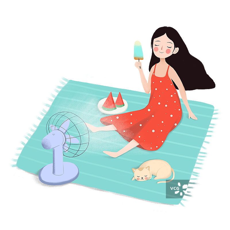 手绘卡通夏天吃冰棍的女孩插画元素图片素材