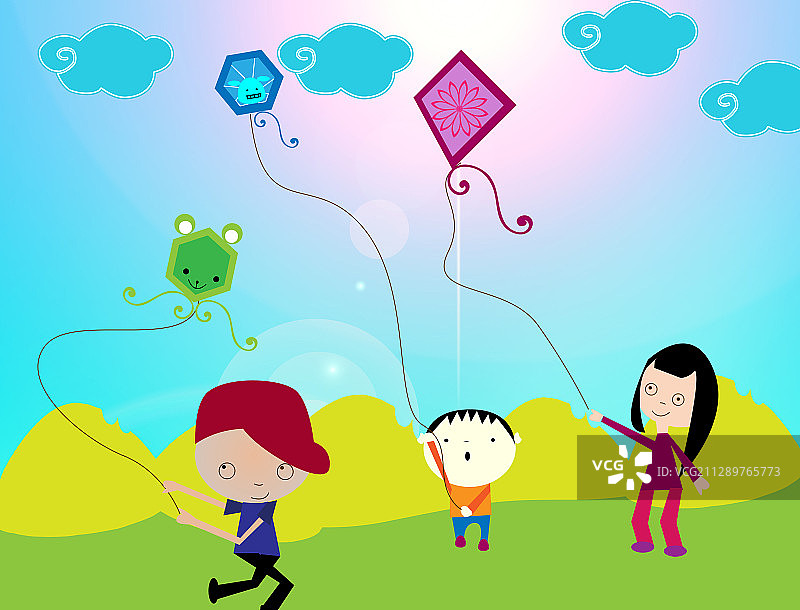 孩子们在田野里放风筝，插图图片素材
