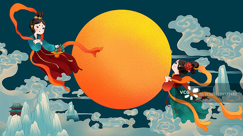 中秋节青山祥云两个嫦娥奔月国风插画2图片素材