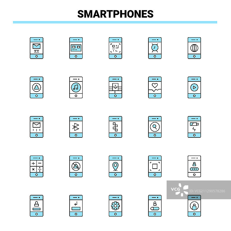 25款智能手机黑色和蓝色图标设置创意图片素材