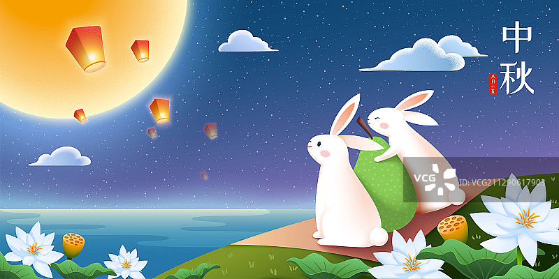 中秋赏月看天灯的玉兔横幅图片素材