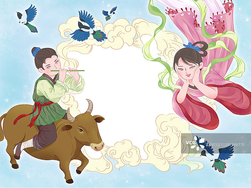 中国风七夕牛郎织女喜鹊插画-横版图片素材