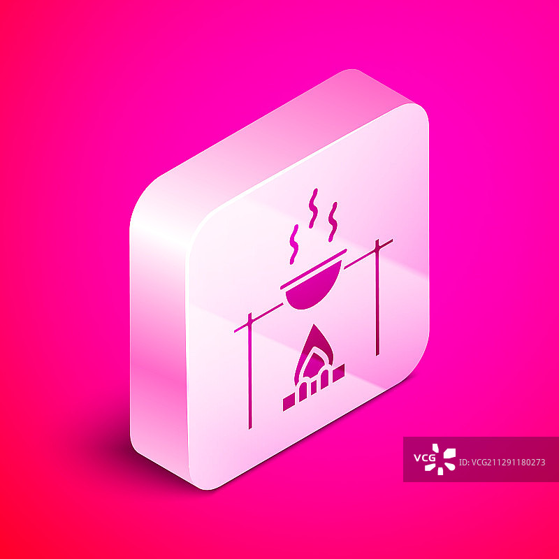 等距篝火和锅的图标孤立在粉红色图片素材