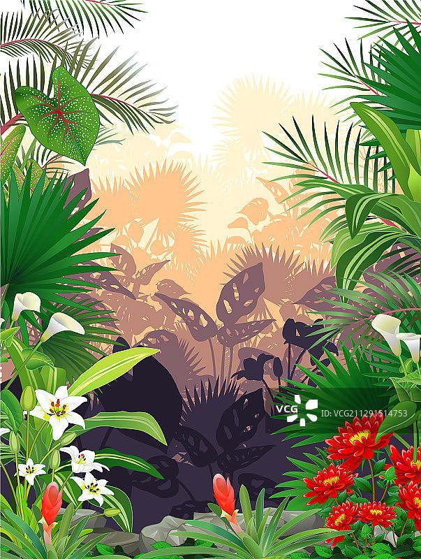 森林景观与热带植物和花卉卡通图片素材