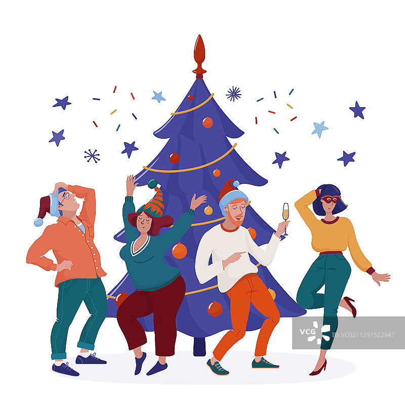 人们戴着派对帽在圣诞树上跳舞图片素材