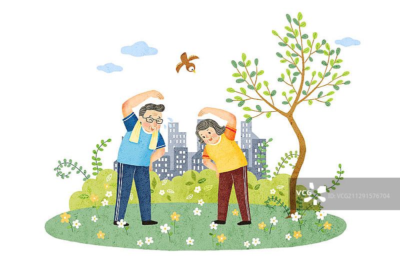 老年夫妇在城市公园运动的插图图片素材