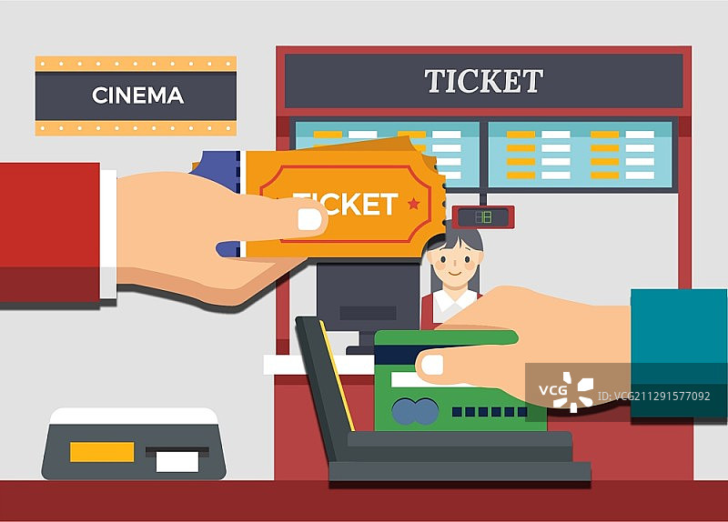矢量插图交易在电影院与手与票和手与信用卡图片素材