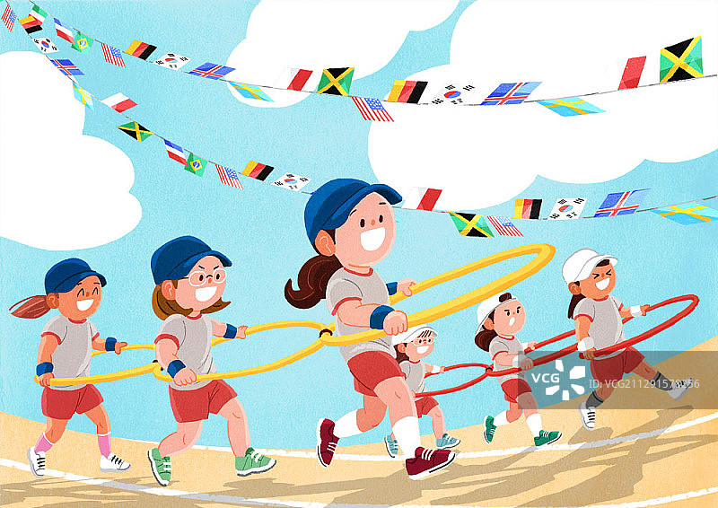 在运动日，女孩们带着呼啦圈跑步图片素材