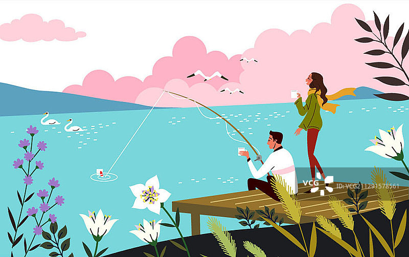 矢量插图夫妇在湖钓鱼图片素材