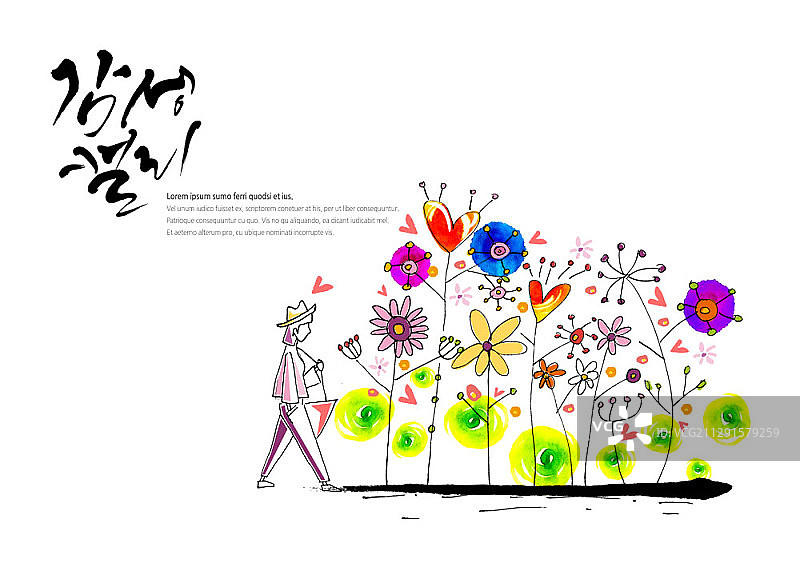 水彩和线条插图与韩国书法花图片素材