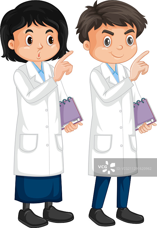 男孩和女孩在白色背景的实验室长袍图片素材
