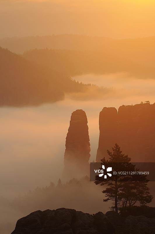 雾中的布洛克斯托克岩石，易北砂岩山，萨克森，德国，欧洲图片素材