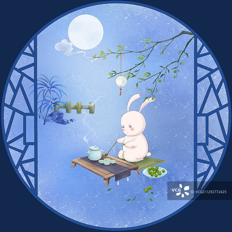 中国风水墨插画兔子青梅煮酒图片素材