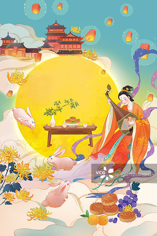 中秋节国潮插画竖版图片素材